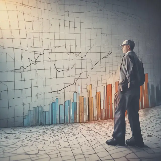 An institutional investor flying above stacked charts, each representing different companies undergoing vertical analysis