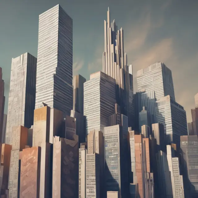 Visualization of balance sheet components as percentage bars in a cityscape, demonstrating vertical analysis for assets and liabilities.