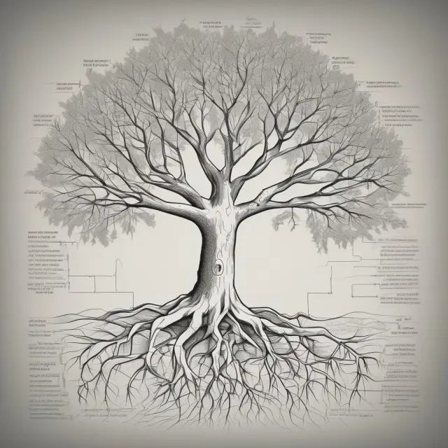 A tree symbolizing vertical analysis with branches for inter-company comparison, roots for uncovering industry secrets, and a trunk representing trend analysis
