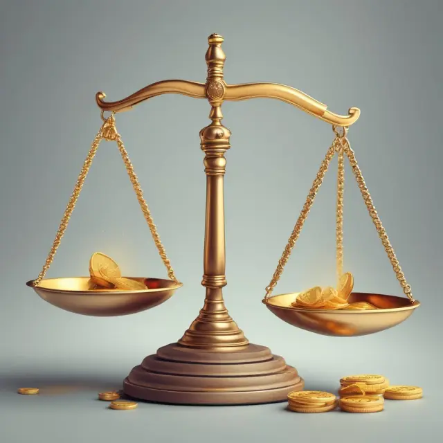 A set of scales held by the figure of Justice, as gold coins flow upward representing progressive taxation.