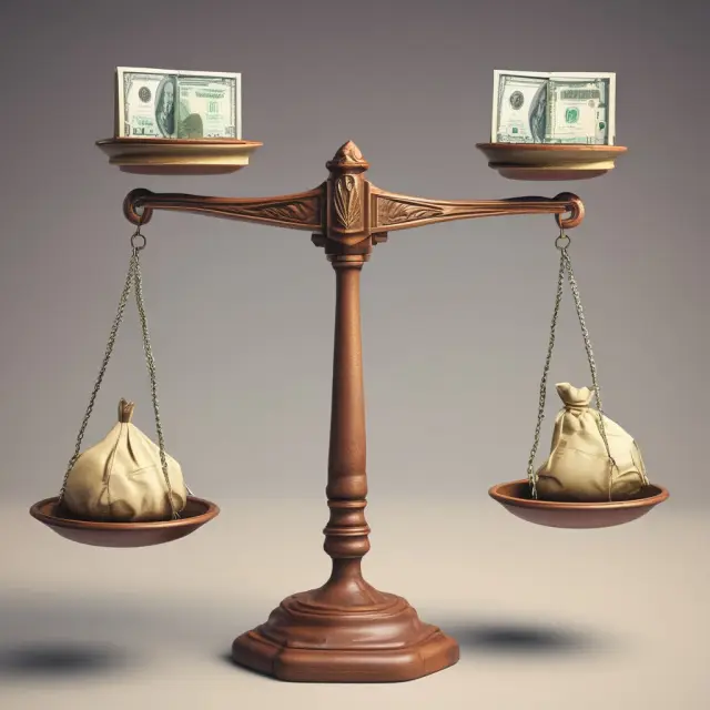 A balanced scale with gold bags labeled
