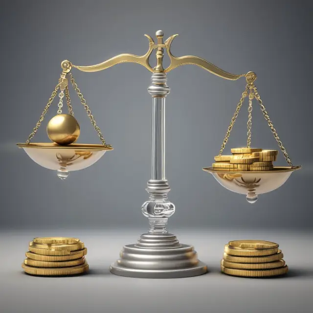 Golden scales with coins symbolizing vertical and horizontal equity in a balanced state, as a crystal ball shows potential developments shaping future taxation systems
