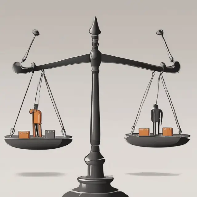 Two scales balanced, one side holding symbols of integration benefits, the other side weighing down with risks