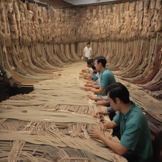 A giant hand weaves together various stages of the supply chain in a captivating tapestry, symbolizing balanced integration.