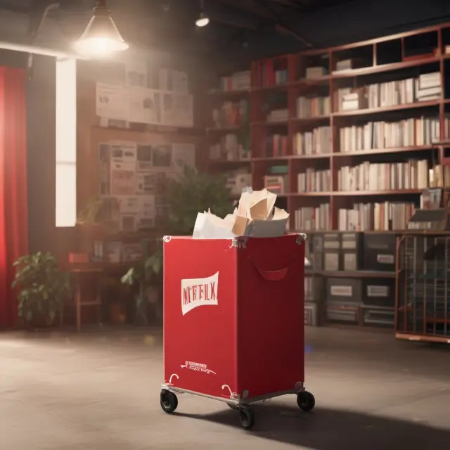 An evolving Netflix red envelope transforms into a studio, while an expanding Amazon shopping cart blossoms into a media giant