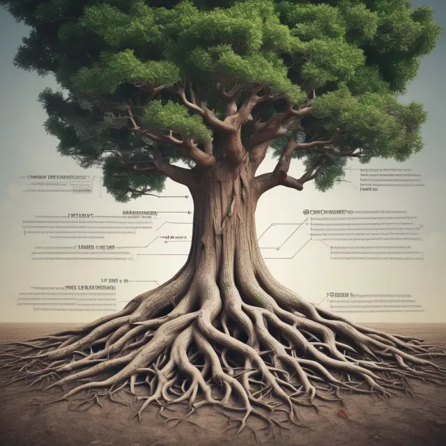 Tree roots growing and intertwining with various supply chain stages to represent successful vertical integration