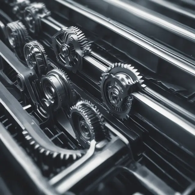 A metaphorical depiction of vertical integration: gears harmoniously meshing together on an industrial conveyor belt, representing the efficient integration of multiple production stages.