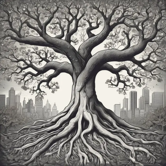 A metaphorical tree representing various industries branching into vertical markets, with technology acting as the root system that connects and fosters new opportunities