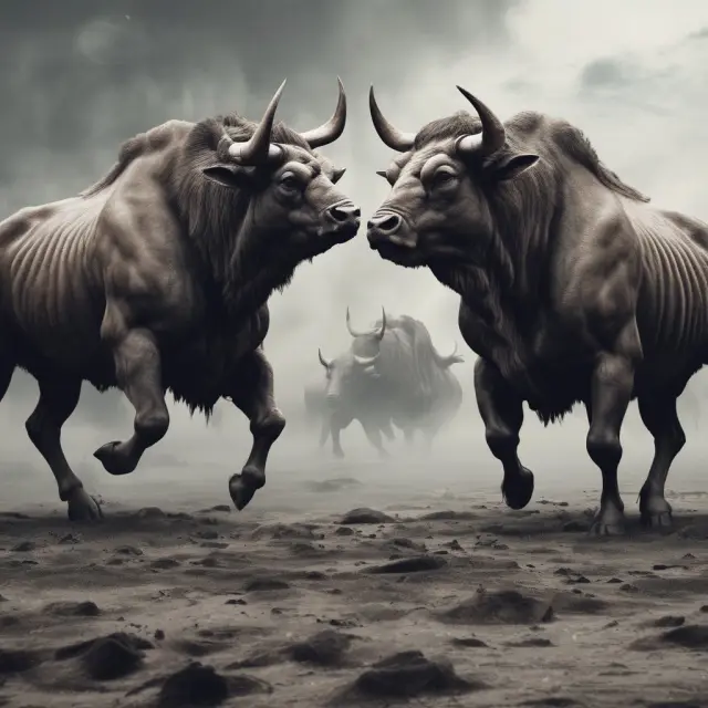 Two bullfighters and bear wrestlers engaging in a symmetrical arena, illustrating bullish and bearish vertical spread strategies.