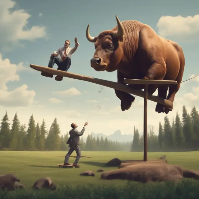 A person weighing options on a seesaw, with one side symbolizing bullish vertical spreads and the other bearish ones. Balancing potential gains and losses.