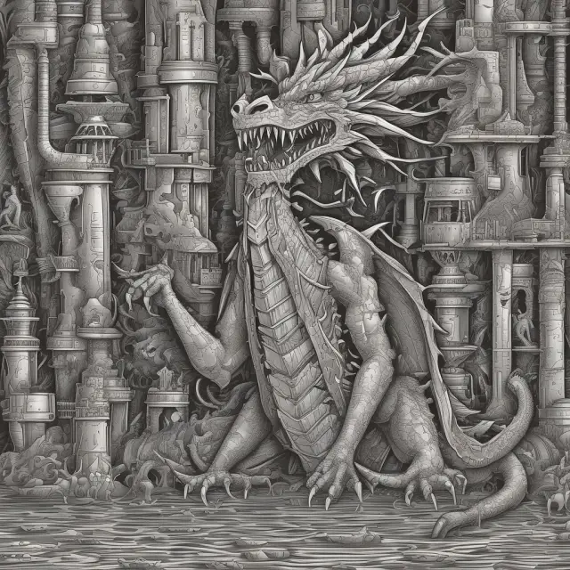 A dragon guards riches in a labyrinth of oil rigs, symbolizing the cost savings and capital investment of vertical drilling.
