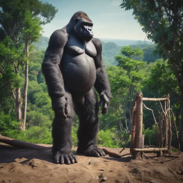 A gorilla protectively guarding a vertical oil well with a tablet displaying regulations, symbolizing adherence to environmental guidelines.