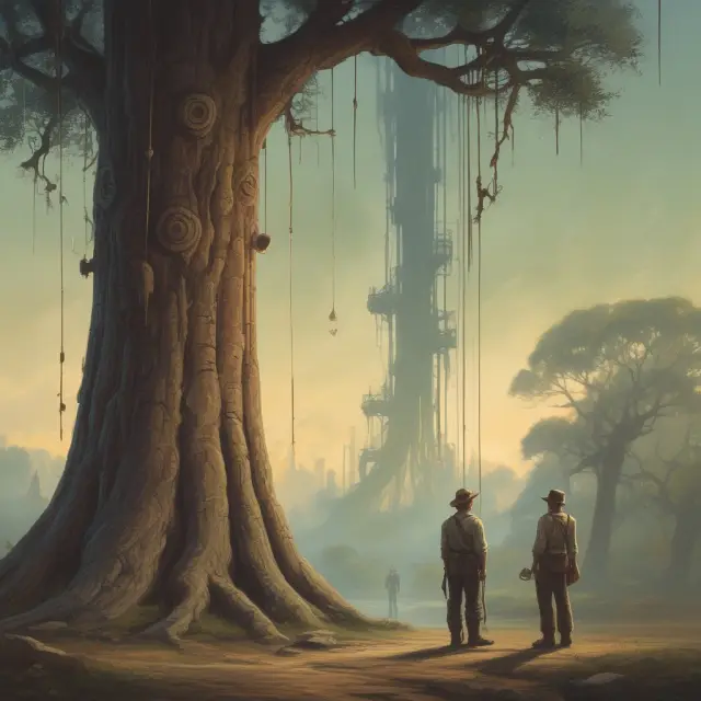 An image depicting a driller and apprentice inspecting the rings of a vertical well as a symbolic, ancient tree, emphasizing the average lifespan of these wells.