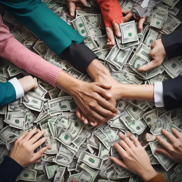 Employees receiving various vested benefits (cash, stock options, health insurance, and retirement) from their employer, symbolizing long-term commitment and financial security.