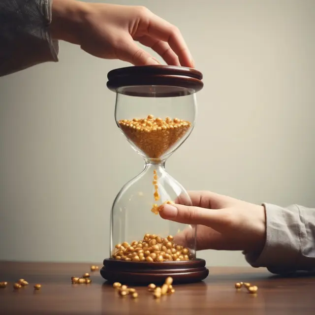An hourglass with golden sanddrops filling a jar labeled 