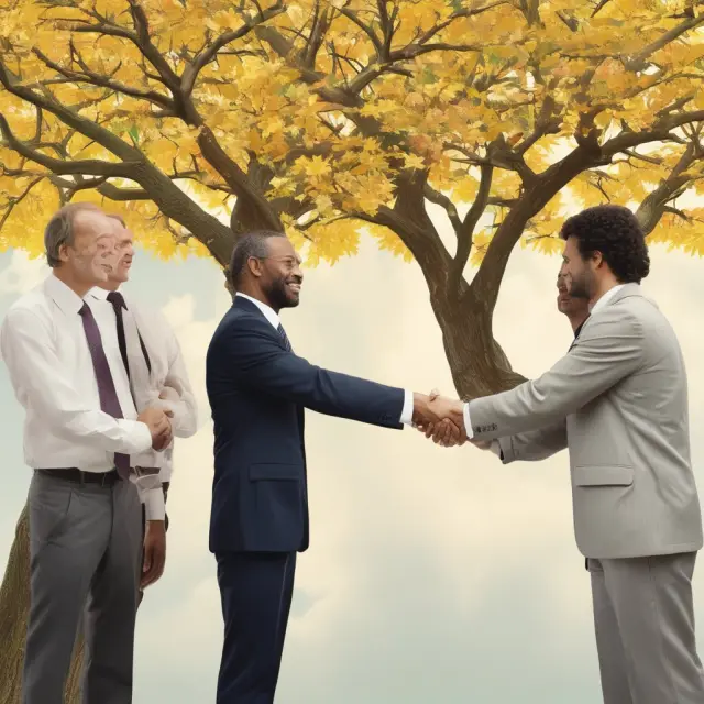 Handshake agreement, labor union, employer, benefits, tree blossoming