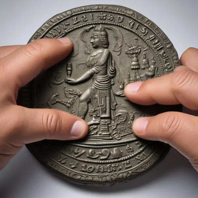 An investor delicately polishing an ancient coin to reveal the intricate design representing vested benefits on one side.
