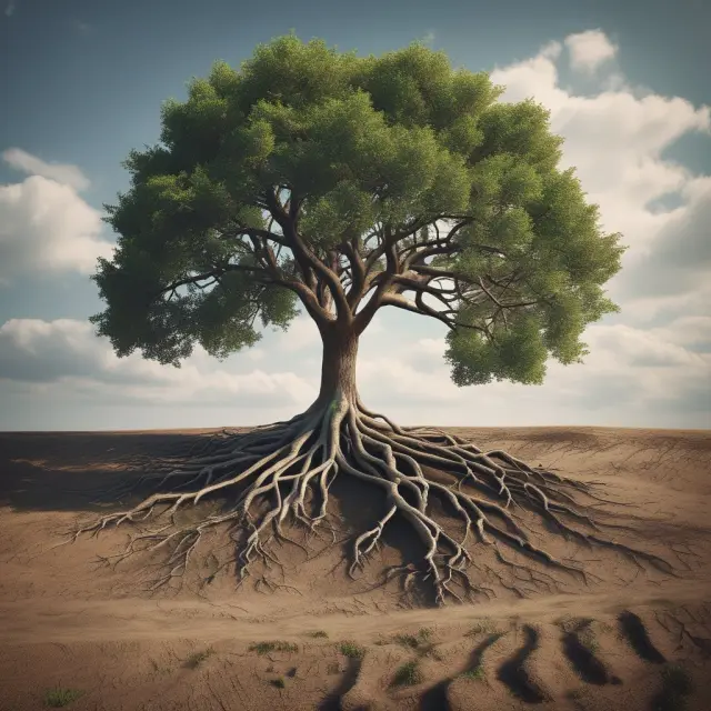 Tree growing deep roots, illustrating long-term commitment and growth through vested benefits.