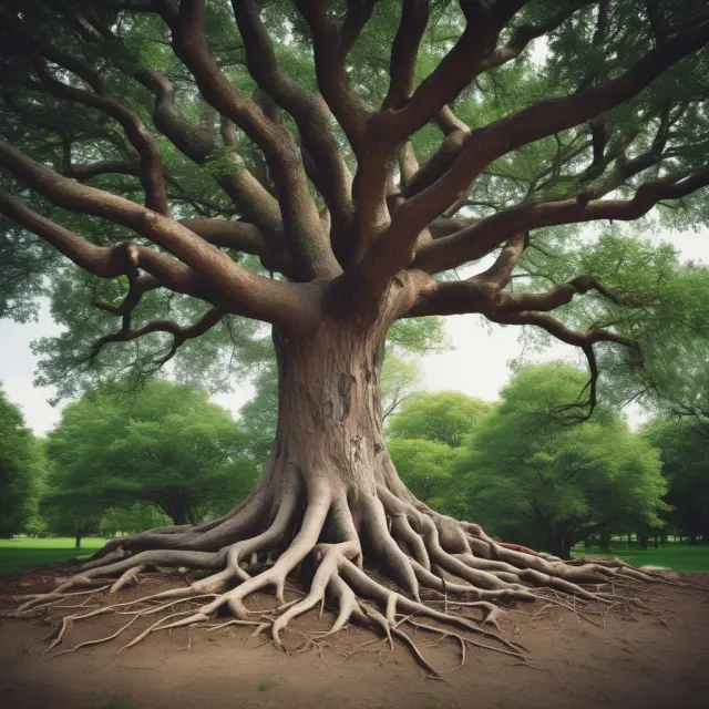 Tree with pension fund and stock root system growing together, illustrating long-term financial commitment