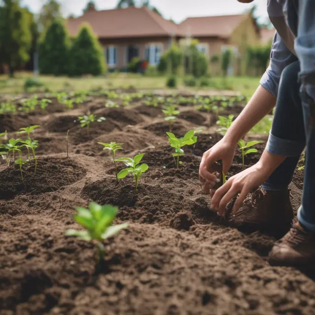 An employee tending to a garden where seeds are labeled with different vesting periods, illustrating the importance of patience and waiting for financial maturity.