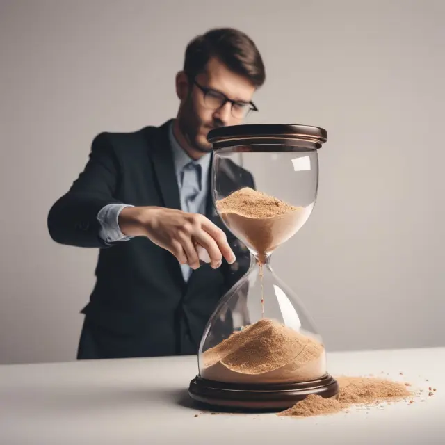 An employee holding a clock illustrates company matches (hourglass sands) and personal contributions, highlighting the importance of understanding varying vesting schedules