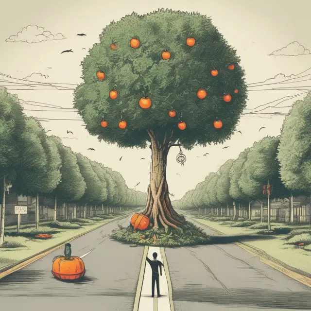 A worker stands before two symbols: a maturing tree (vested interest) for future retirement benefits and an open chest filled with keys (vested in interest) for present entitlements