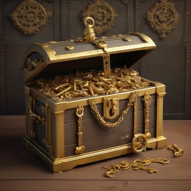 A series of interlocked gears opening up a treasure chest, symbolizing the unlocking process of vesting