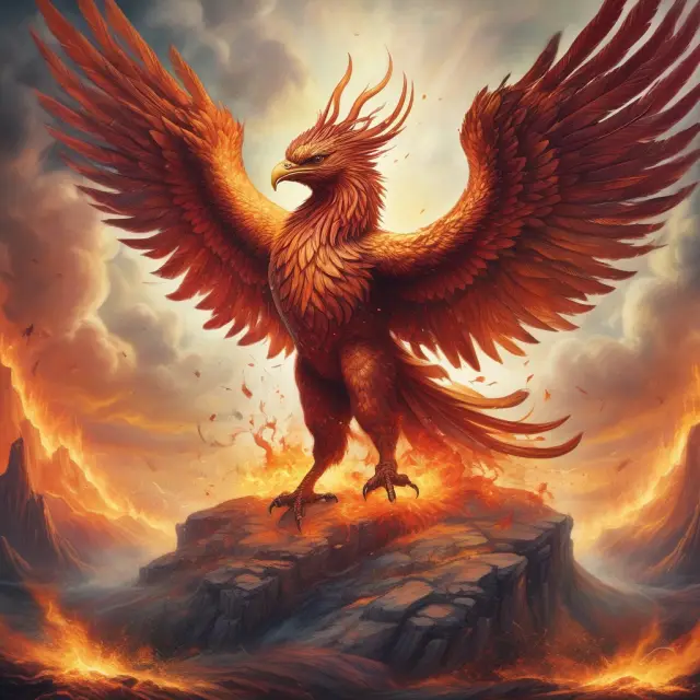 A majestic phoenix emerges from flames, representing the Veterans Administration and its transformative role in veterans