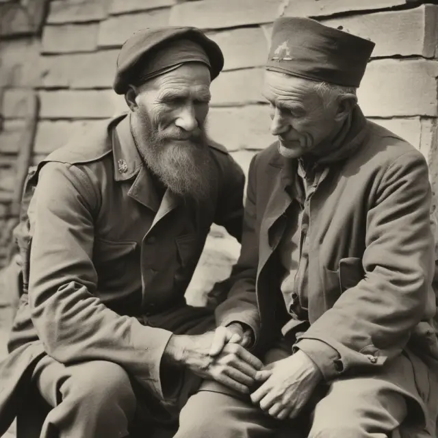 An ancient pilgrim tends to a soldier, symbolizing the origins and continuity of veterans