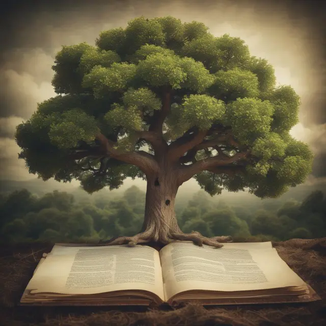 A vintage parchment unrolling to reveal VA services as sturdy branches of an oak tree, symbolizing Disability Compensation, Education, Life Insurance, and Home Loans