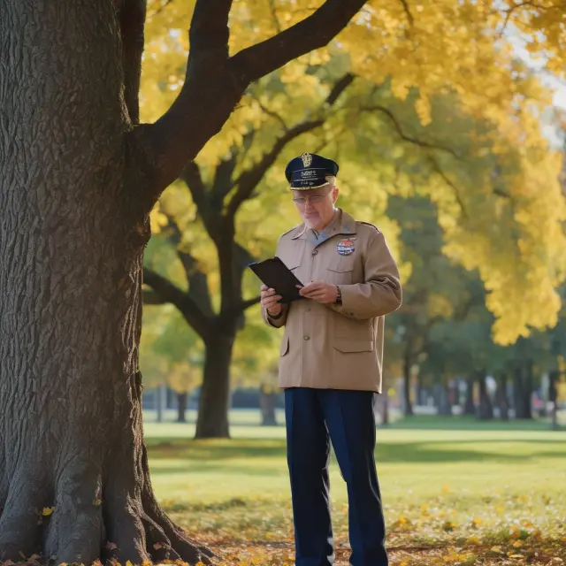 Veteran seeking VA benefits examines eligibility requirements and document list on tablet under a tree of military records
