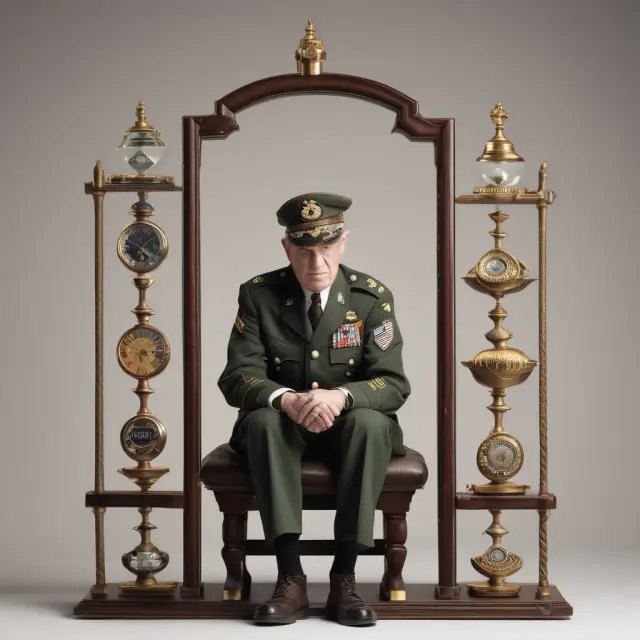 A veteran reviewing his military medals and contemplating an hourglass symbolizing Veterans Group Life Insurance eligibility