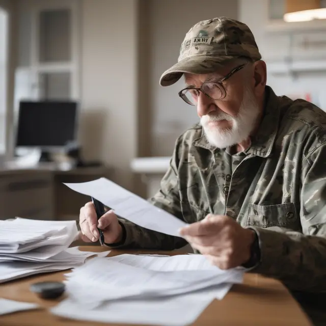 A veteran navigating through paperwork for Veterans Group Life Insurance, contrasted by commercial insurance agents denying coverage