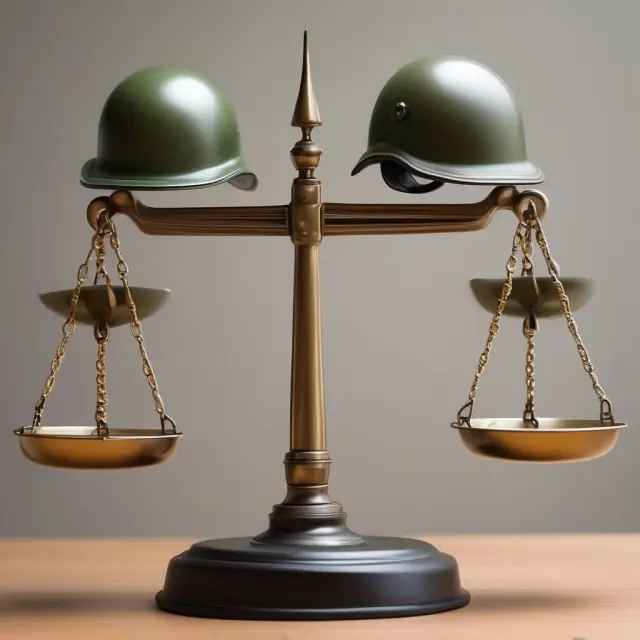Balanced scales holding military helmets symbolizing pros (helmets) and cons (empty helmets) of Veterans Group Life Insurance.