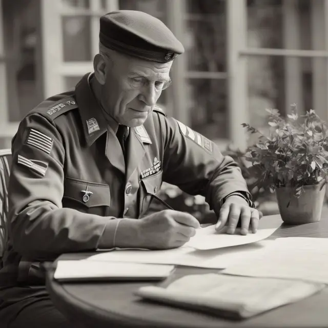 A veteran soldier filling out application paperwork for Veterans Group Life Insurance as lush gardens of various life policies grow in the background