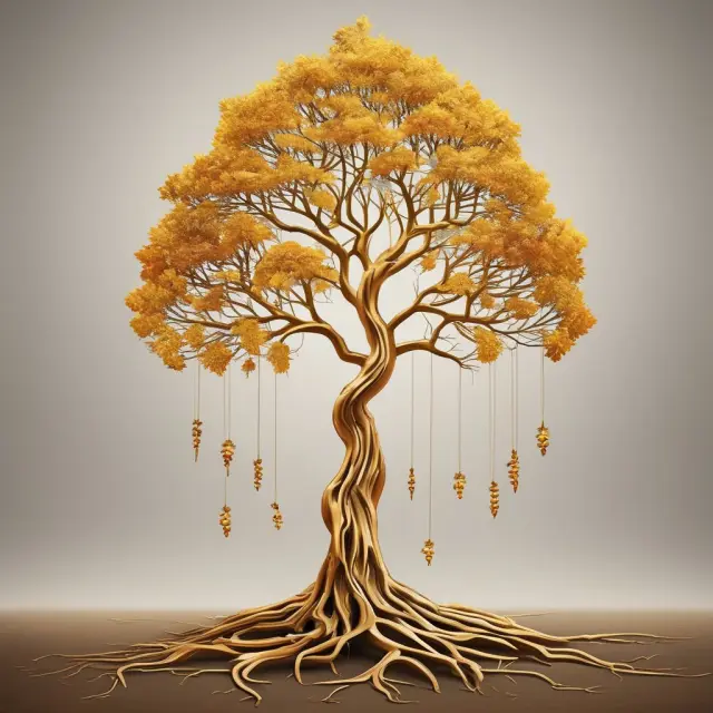 Viager: A golden tree nourishing both elderly sellers and younger buyers, depicting a unique transaction promoting financial stability for all parties