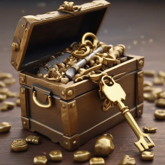 Golden key revealing discounted property deeds in a treasure chest
