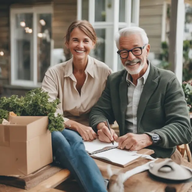 An image of a handshake symbolizing the agreement between a middle-aged buyer and an elderly seller, with a viager contract in front of them