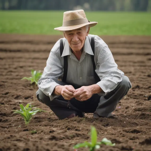 Elderly vendor preparing a viager deal by planting a seed in a rich and fertile land.