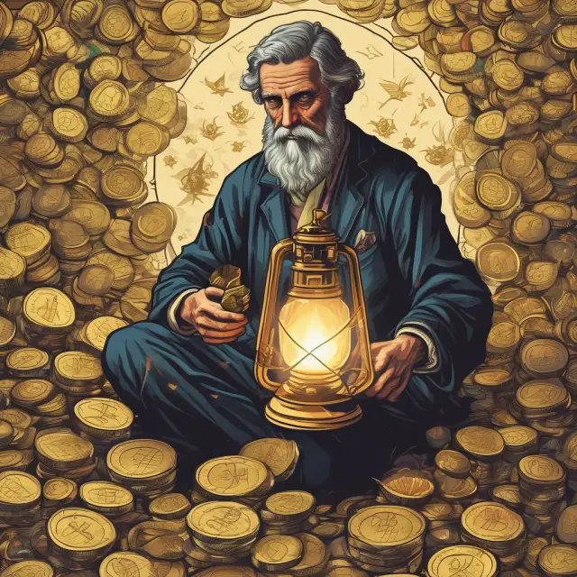 Terminally ill individual with lantern, surrounded by gold coins and assets, representing financial security through viatical settlement benefits.