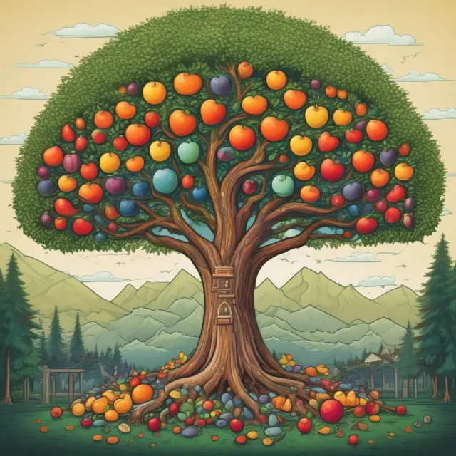 A terminal illness tree with ripe fruits representing viatical settlements, contrasted with a healthy tree offering shade symbolizing life settlements