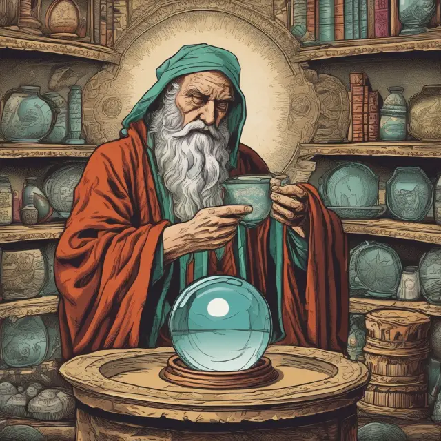 A sage in deep thought examines a crystal ball filled with quotes from various companies, tax implications, public assistance eligibility, and seller