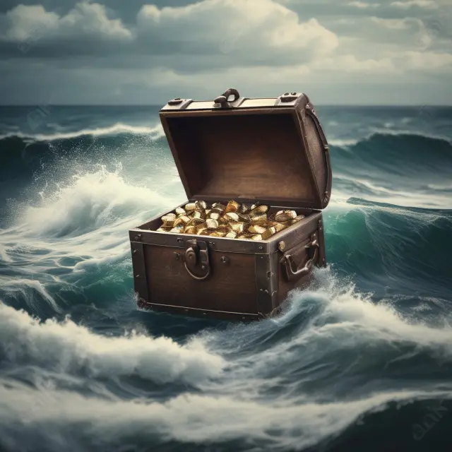 A shielded treasure chest floating through waves, symbolizing the search for reputable viatical settlement providers