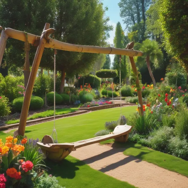 A colorful seesaw in a flourishing garden represents the advantages and disadvantages of selling life insurance as a viator