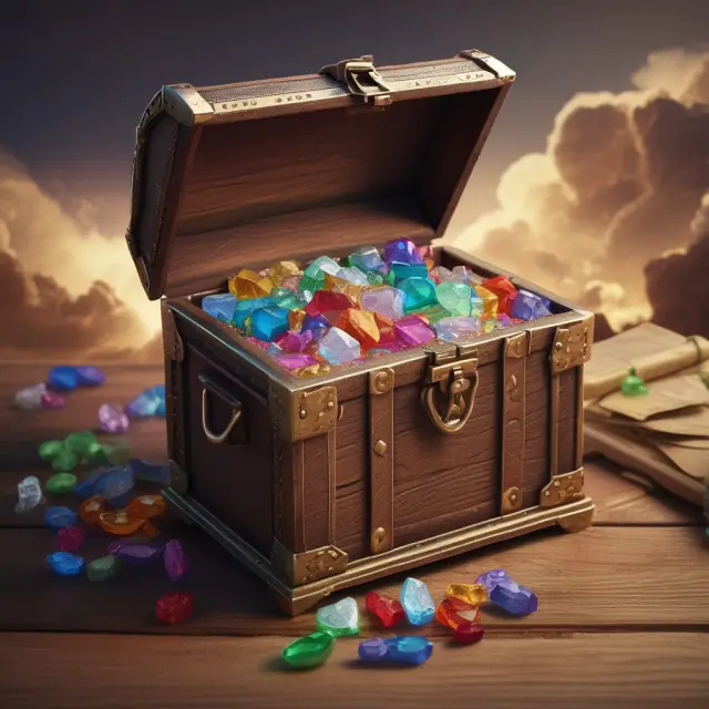 A treasure chest brimming with gems representing the alcohol, tobacco, gaming, and defense industries, signifying Vice Global Fund