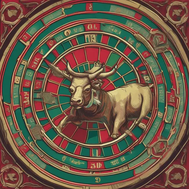 Two bulls grapple for control over a roulette wheel adorned with alcohol, tobacco, gaming, and defense symbols; ethical considerations hang in the balance