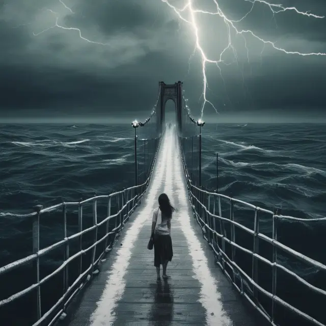 Bridge linking individuals in a stormy sea, symbolizing video conferencing enabling connections amidst uncertainty