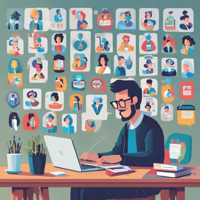 Person setting up a video conference in a well-lit and quiet workspace, with icons for popular platforms like Zoom, Microsoft Teams, Google Meet, WebEx, and Skype.