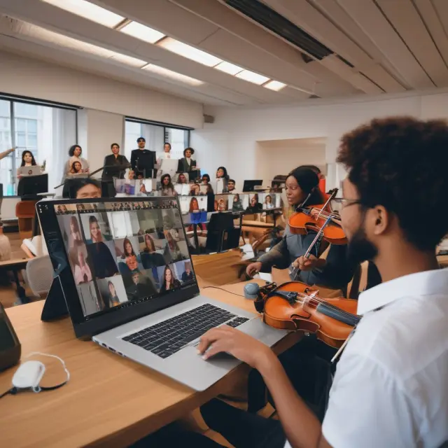 Conductor directs engaged video conference attendees, symbolizing effective collaboration in a harmonious virtual meeting