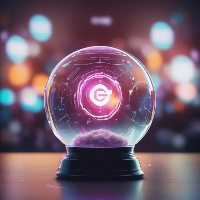 Image showcases a crystal ball displaying a hologram of future video conferencing sessions, featuring virtual reality headsets and the 5G network symbol